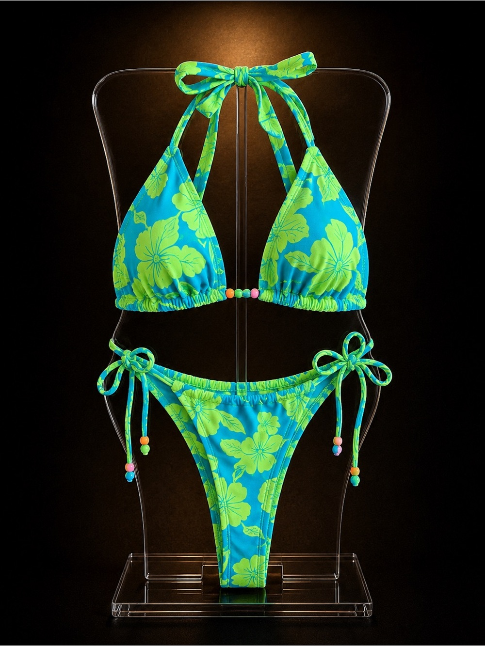 Green Floral Tie-Side Triangle Bikini - Women Swim